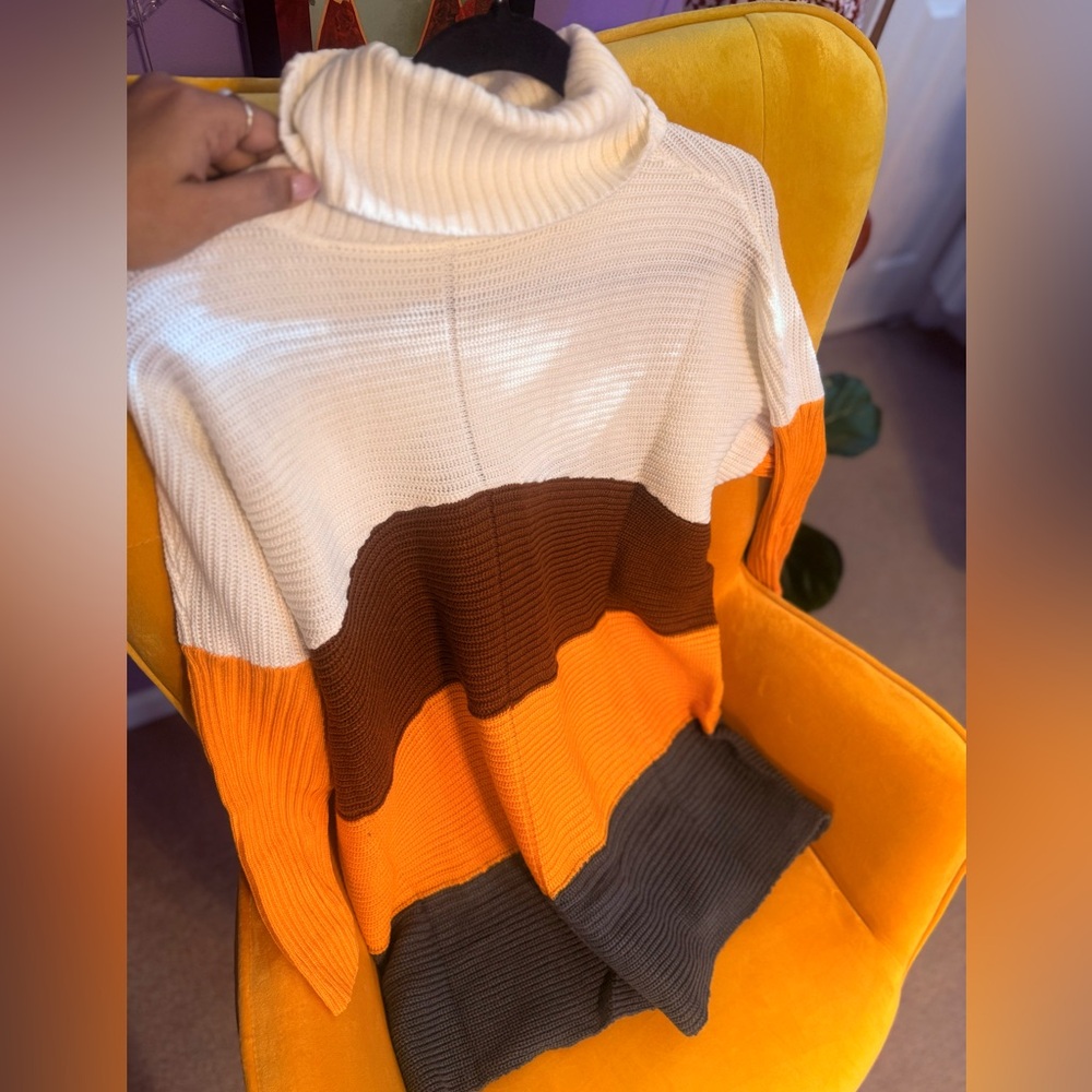 Color Block Turtleneck Sweater - Cream, Brown, Orange, Gray